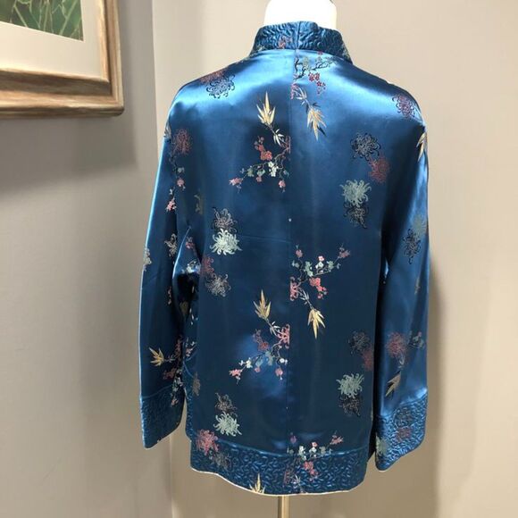 Vintage Silk Blue Ivory Embroidered Kimono Reversible Floral Jacket Large - Picture 2 of 13
